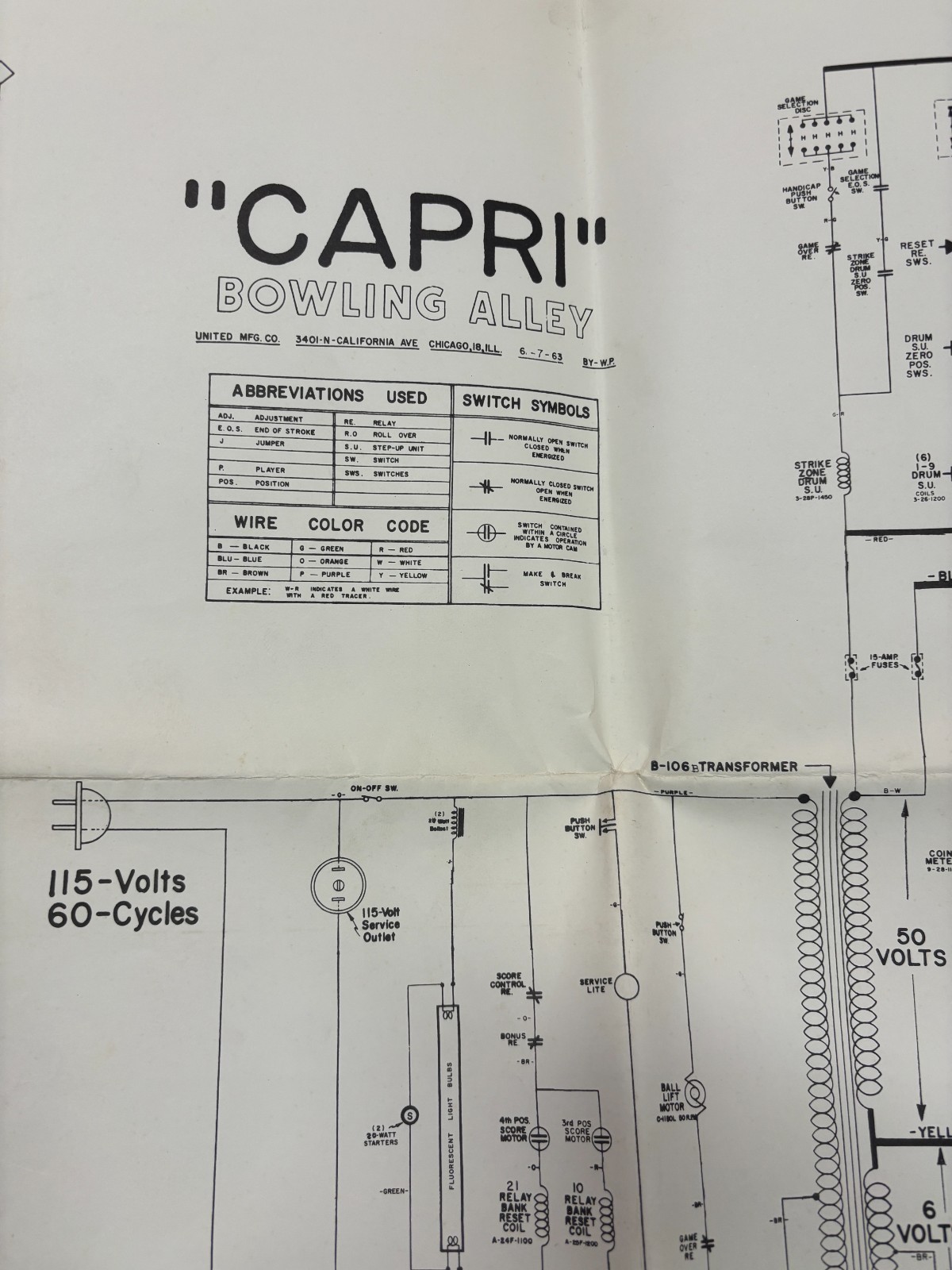 ORIGINAL-UNITED MFG-CAPRI BOWLING ALLEY-SCHEMATICS