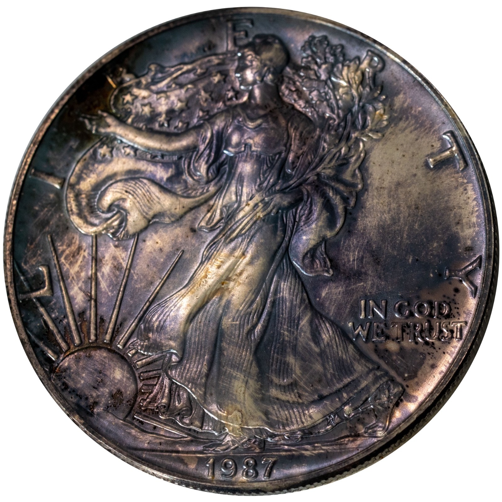 1987 1oz Silver Eagle STUNNING Obverse Violet Toning - Premium Gem Uncirculated