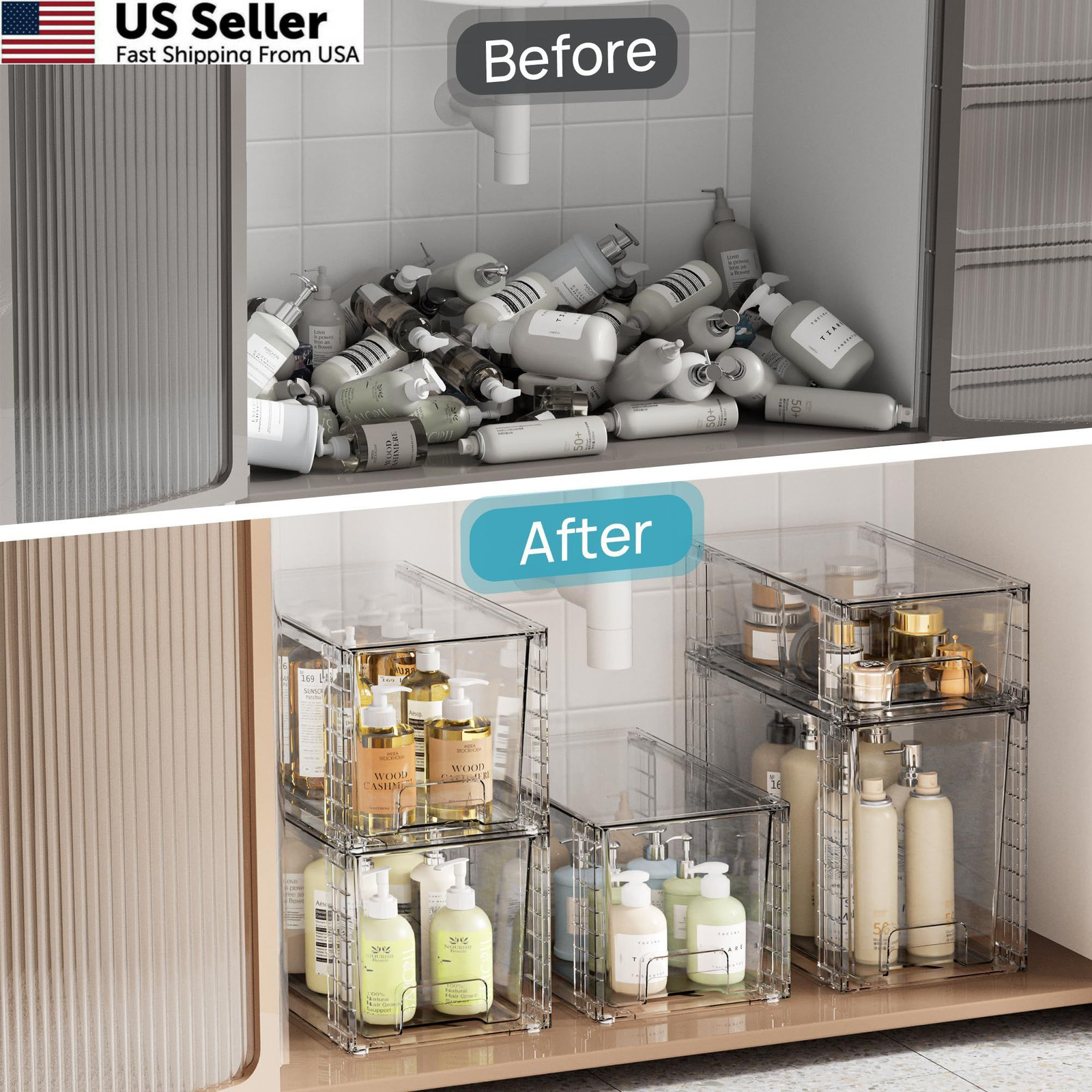 Vtopmart 3 Pack Clear Stackable Storage Drawers,Easy to Assemble Transparent
