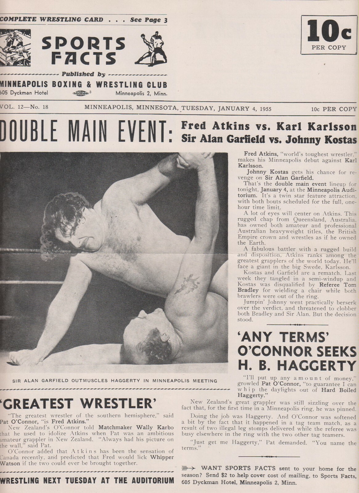 1955 Minneapolis Auditorium Wrestling Program - Sir Alan Garfield / John Kostas