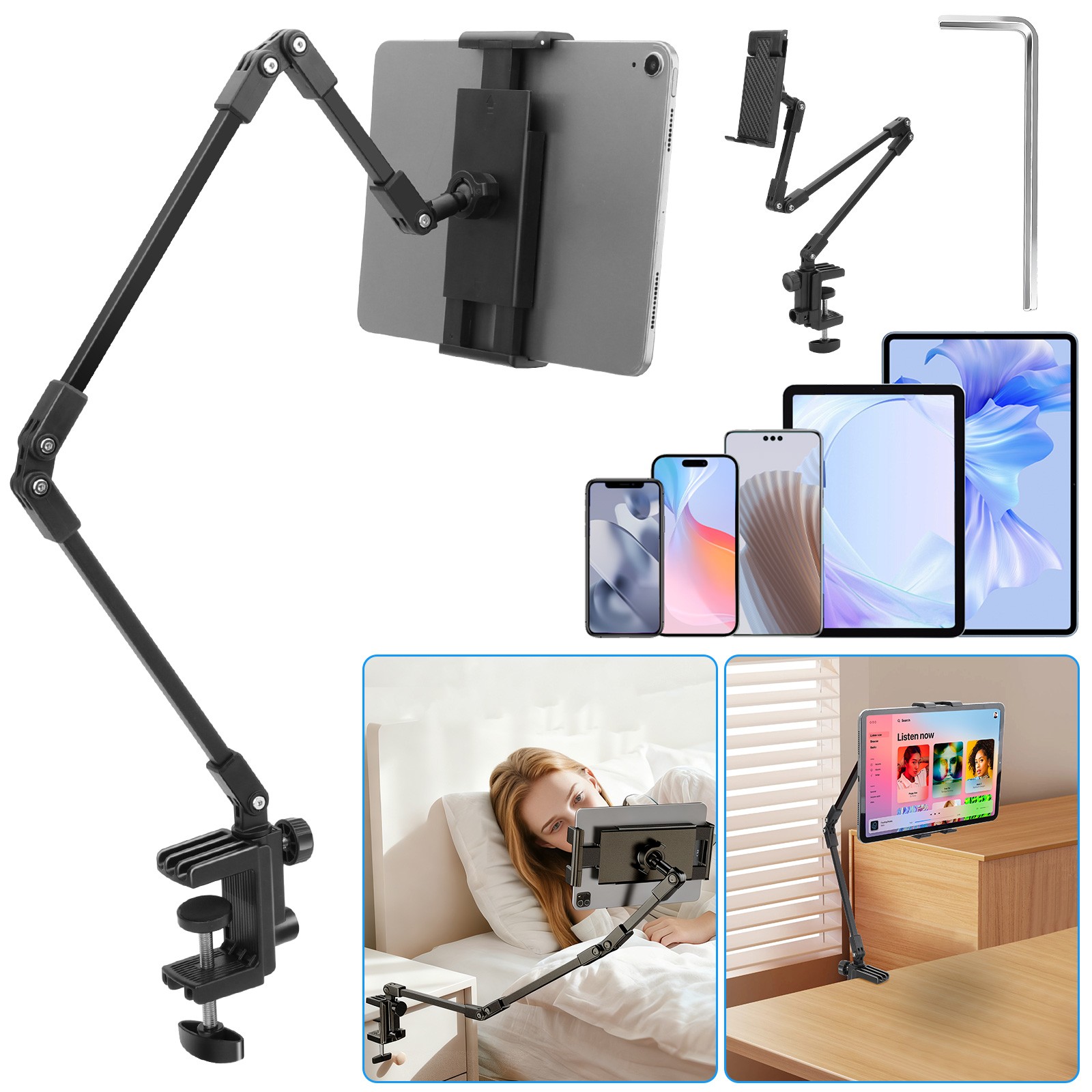 360° Rotation Long Arm Tablet Desk Holder for 4-12.9" iPad Pro Air Mini Samsung