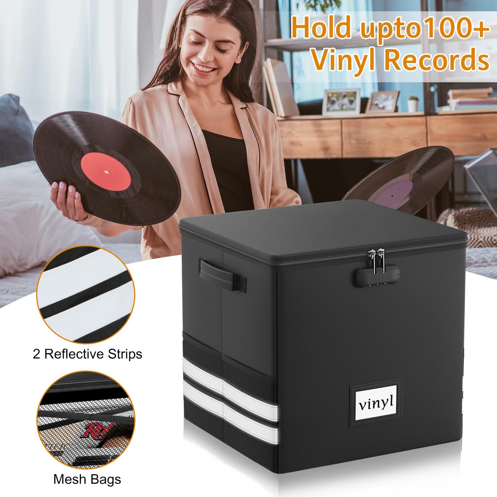 Onvvippiv Vinyl Record Storage Box with Lock, Fireproof 13"x13"x13", Black