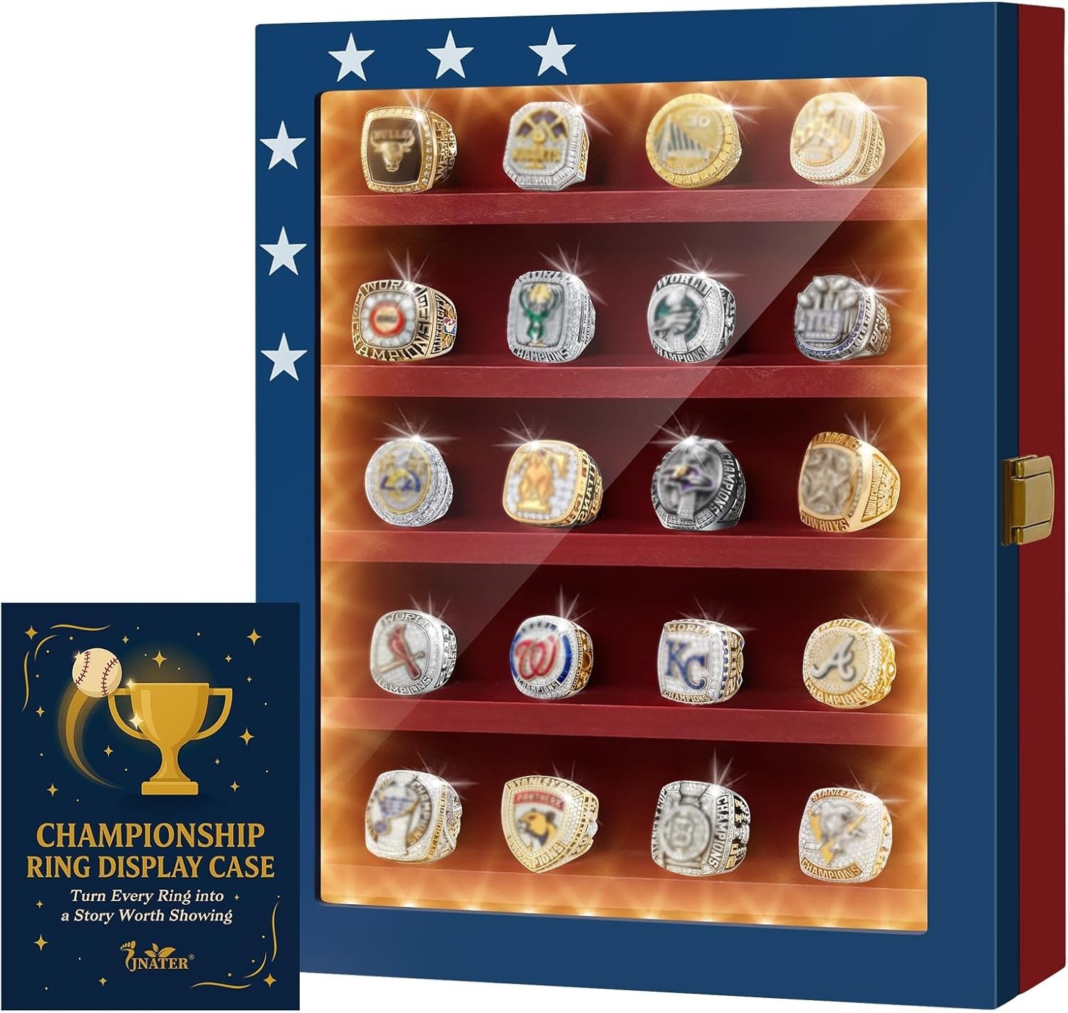 LED Baseball Ring Display Case - 20Post Wall Mount Shadow Box for Champions