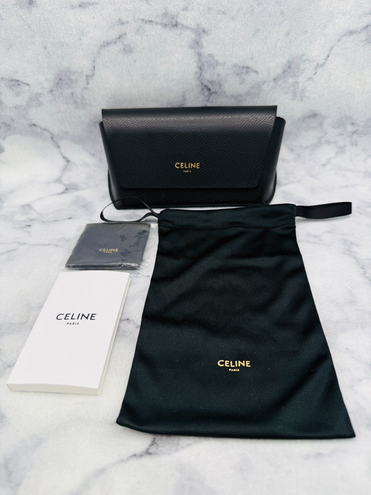 CELINE Sunglasses Case,Black Faux Leather Wide Case,Drawstring Bag,Cloth,Card
