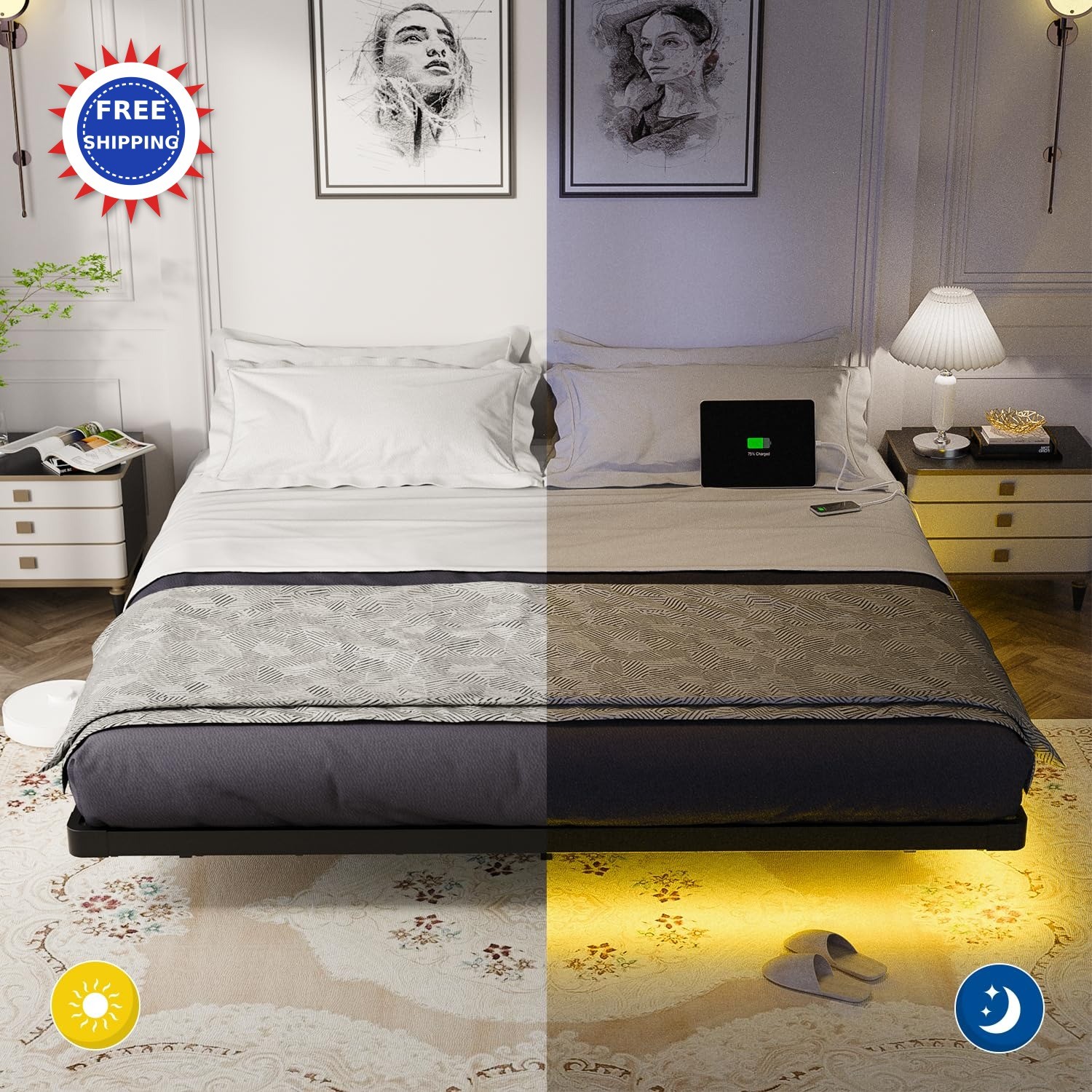 Floating Bed Frame King Size Metal Platform LED Light Charging Station OLEVS