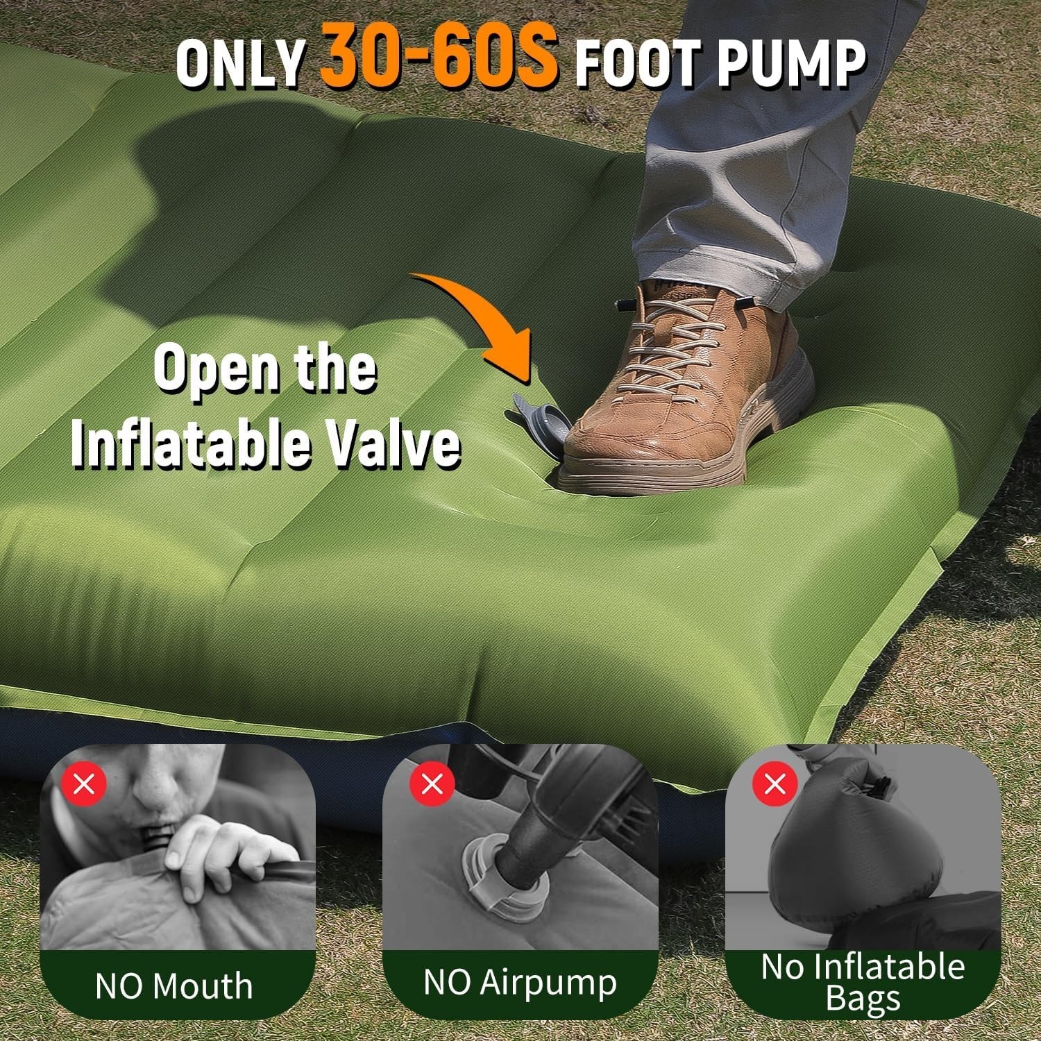 Ultralight 5 Inch Camping Sleeping Pad with Built-In Pillow & Pump Green