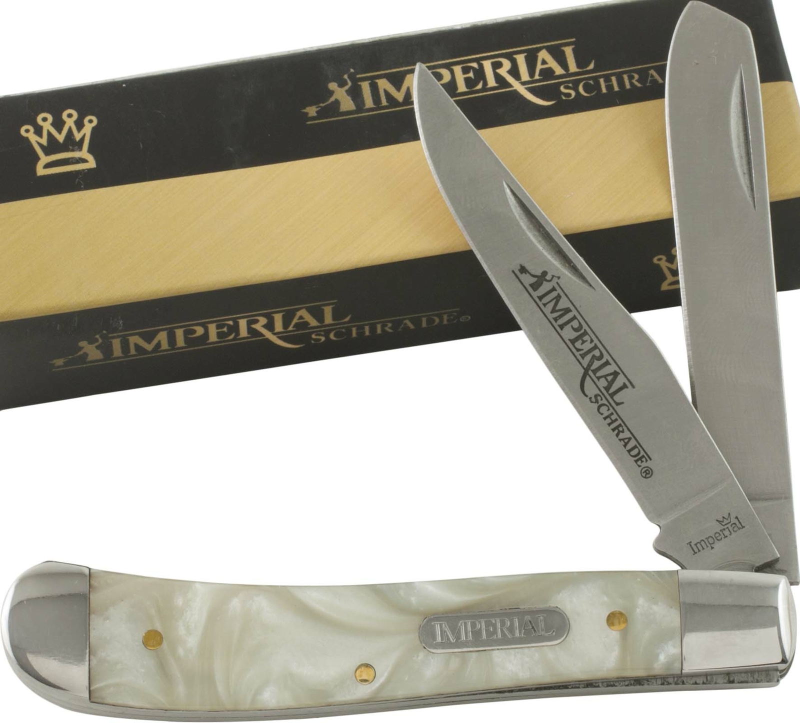 Schrade Imperial Cracked Ice Celluloid Handles Large Trapper Pocket Knife IMP13L