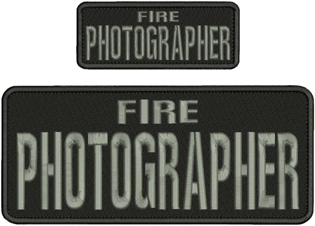 FIRE PHOTOGRAPHER EMBROIDERY PATCHE 4X10 AND 2X5 HOOK ON BACK  GREY ON BLACK