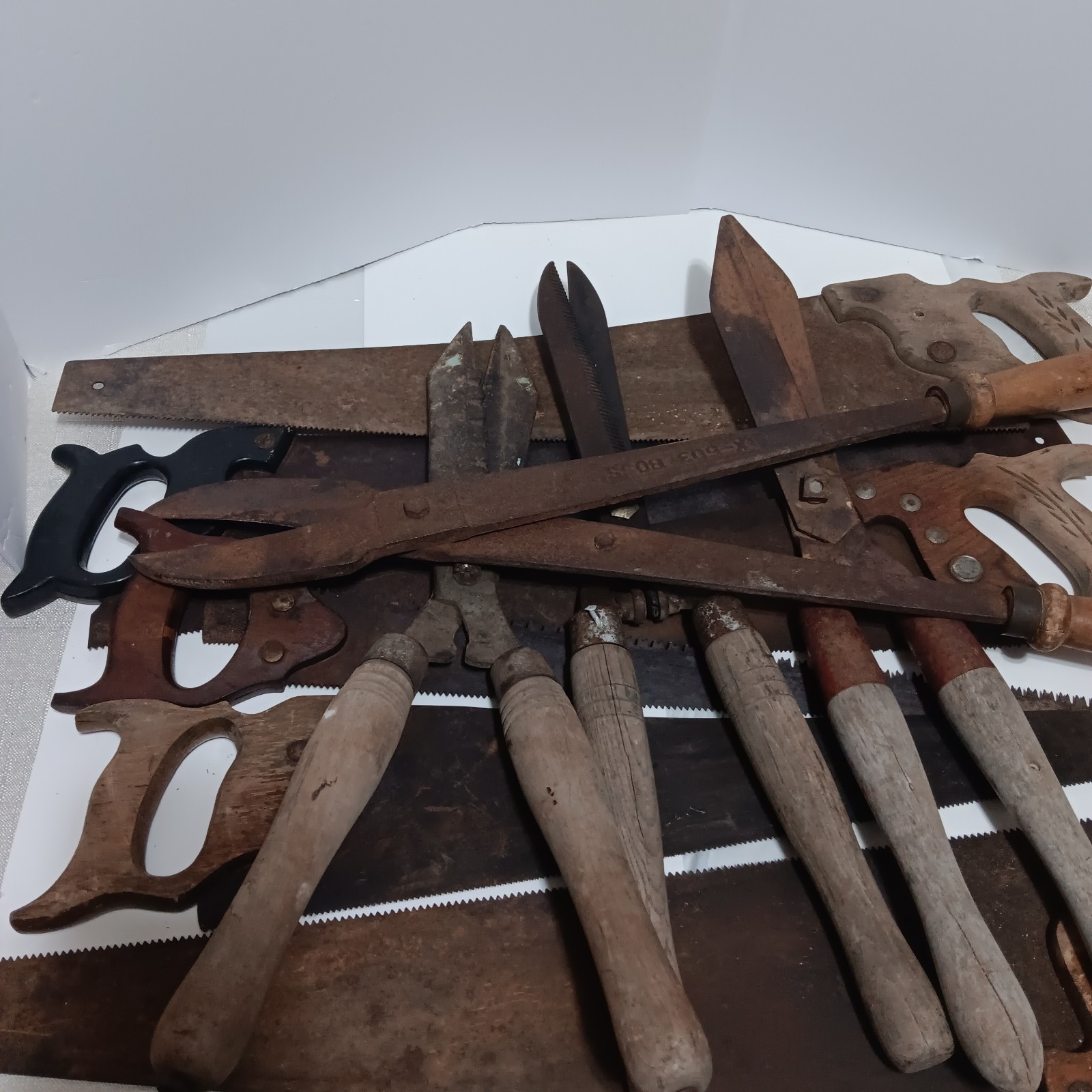 Antique Tool Lot - BOSS Clippers, Hand Saws, Metal Shears, Metal Oil Can Opener