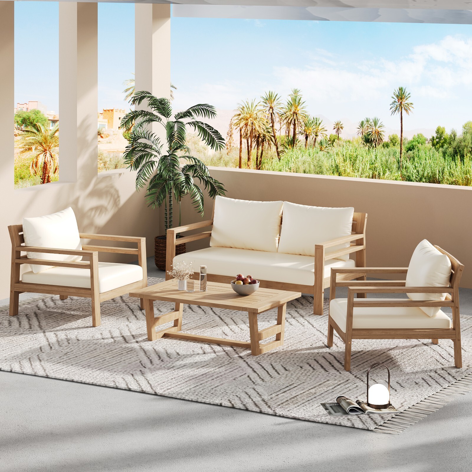 4-Piece Outdoor Acacia Wood Furniture Set Loveseat, Lounge Chair & Coffee Table
