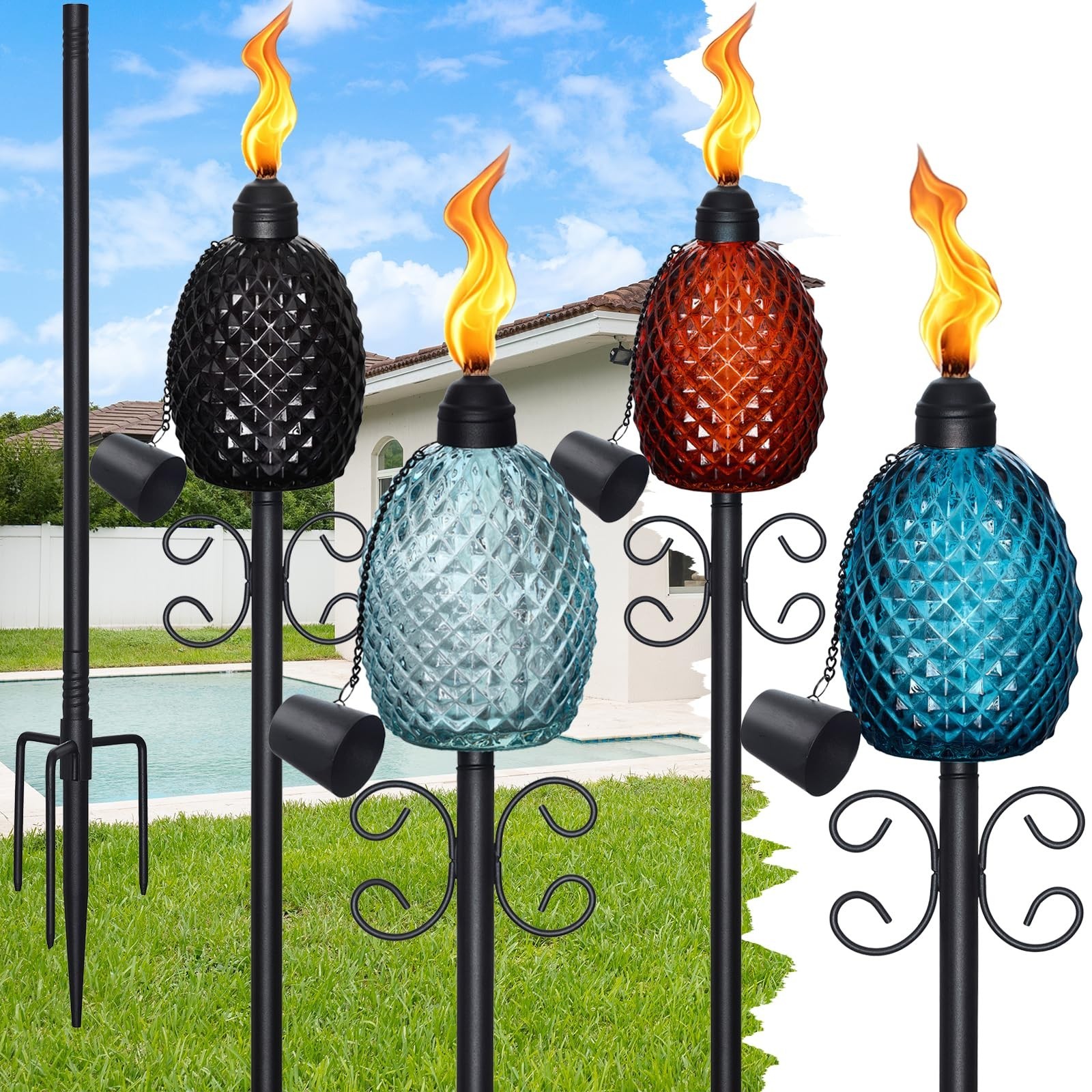 4 Pack Glass Garden Torches for Outside,12.5 Oz Citronella Torches | 4-Prong ...
