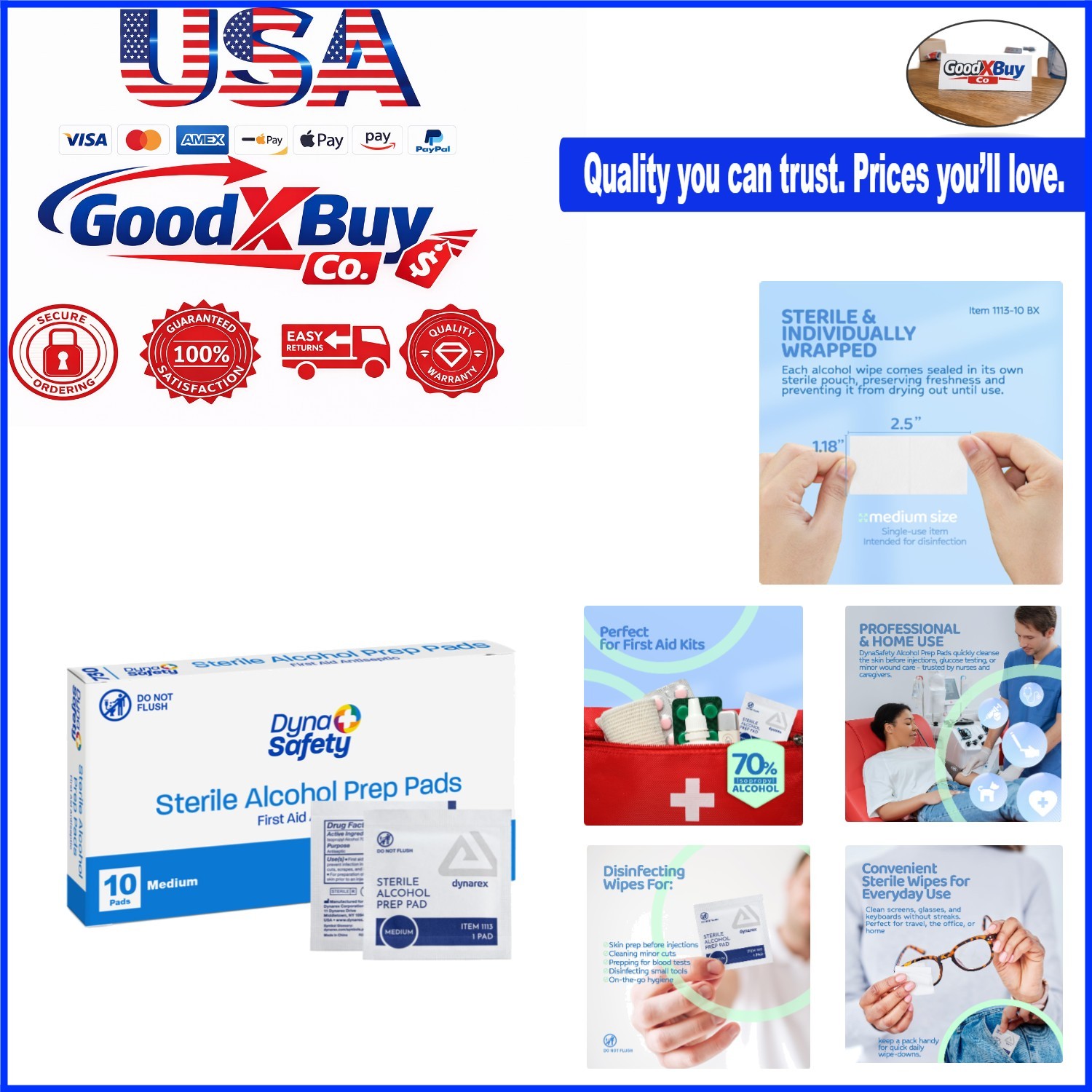 Sterile Alcohol Prep Pads 70% Isopropyl Non-woven 10 Pack of 10 for First Aid...