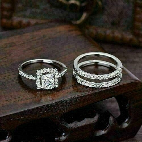 2.90 Ct Princess Cut Lab-Created Diamond Wedding Ring Set 925 Sterling Silver