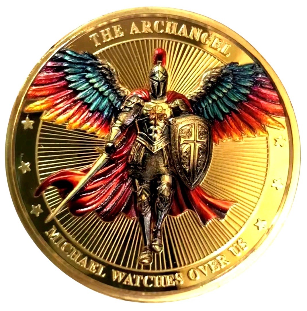 THE ARCHANGEL MICHAEL FEATHERED KNIGHT 24K GOLD LAYERED COIN IN CAPSULE BU