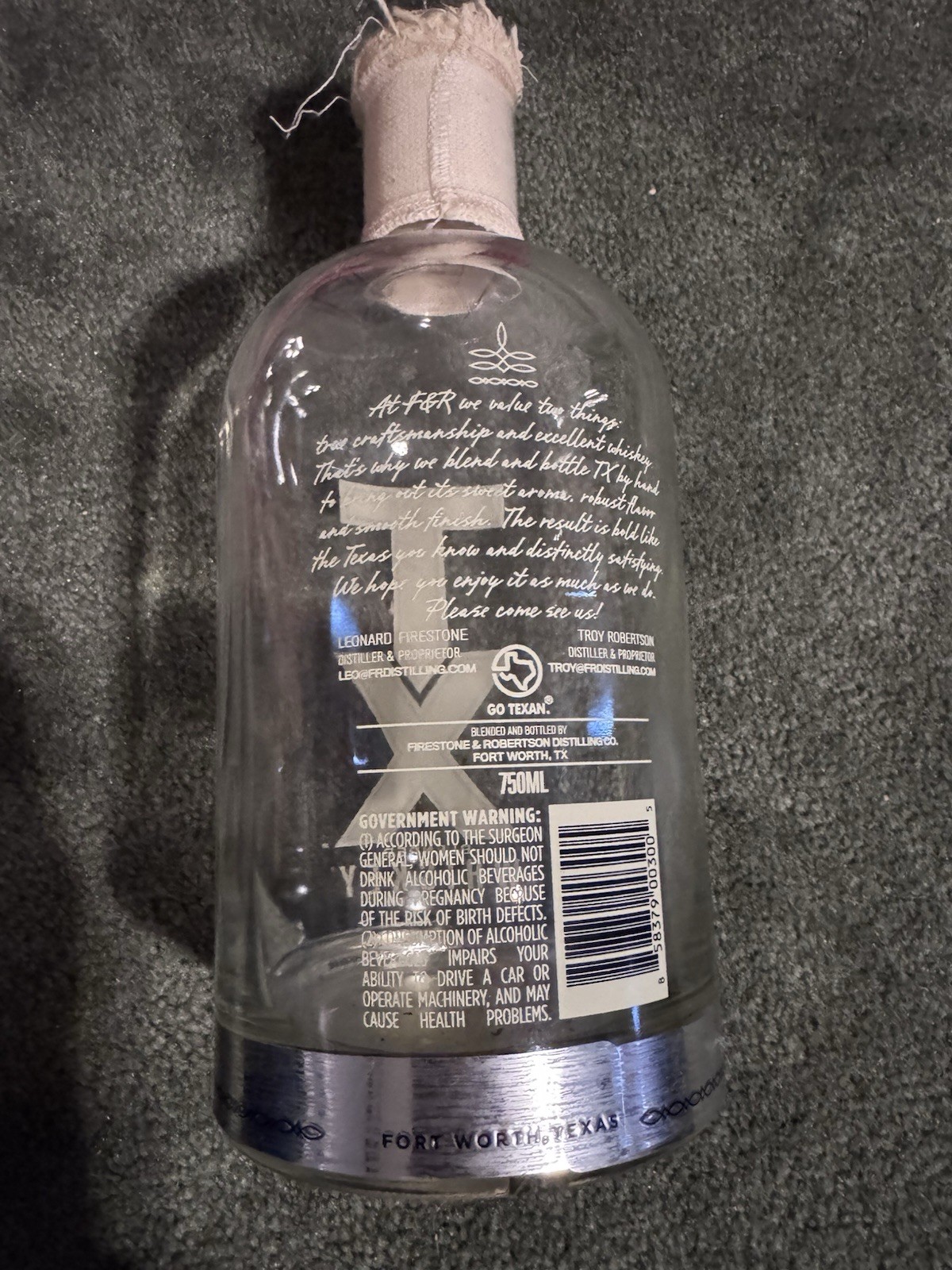 TX Texas Straight Bourbon Whiskey Empty Glass Bottle Used Empty