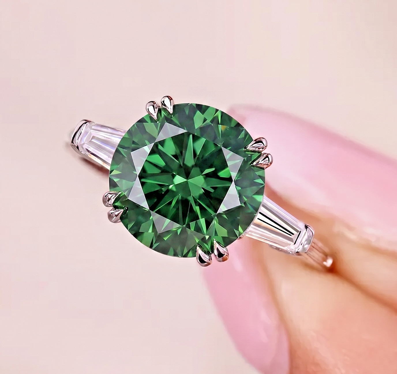 6.00 Ct Certified Deep Green Diamond Ring, Great Luster, FREE Studs