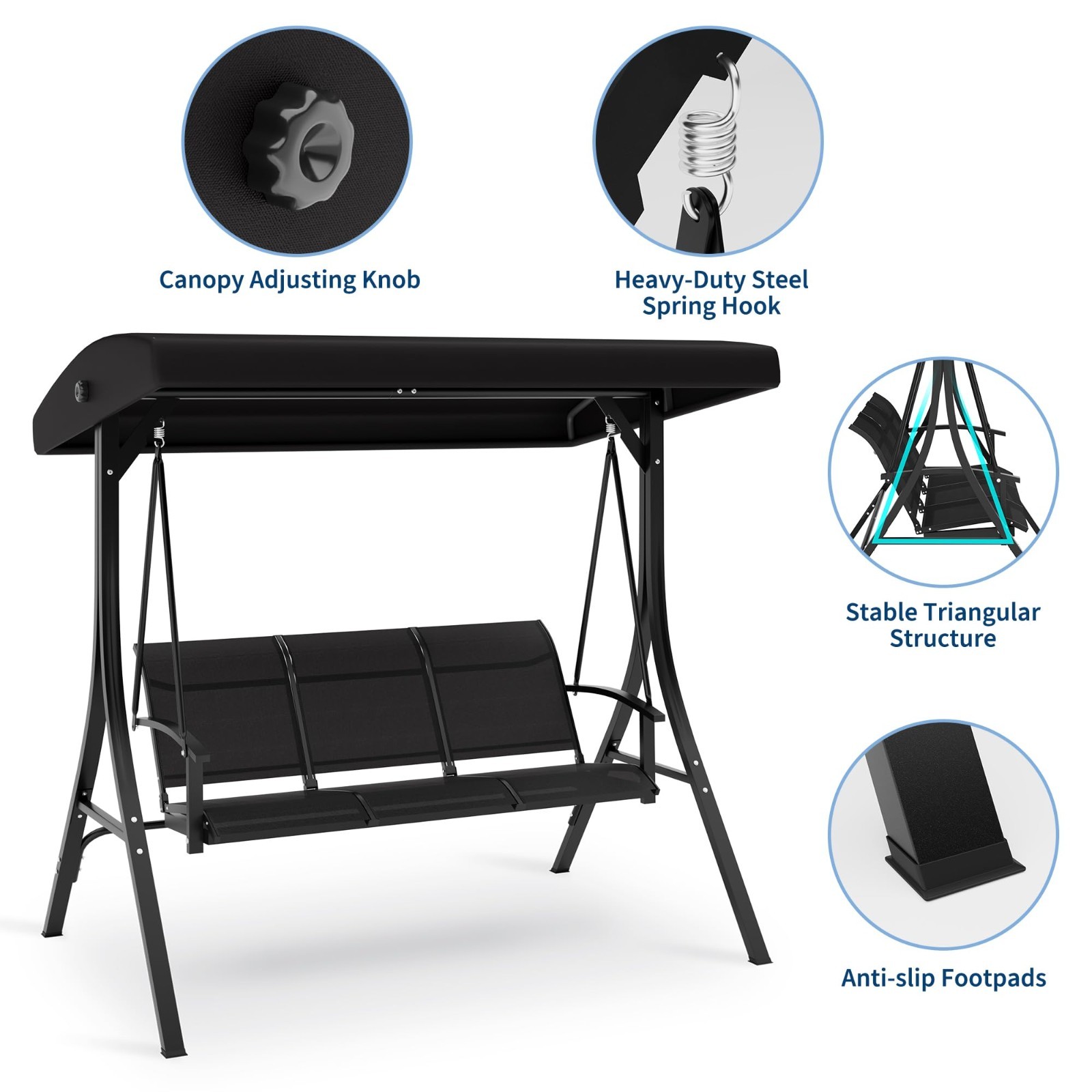 GRAVEE 3-Seat Patio Swing Chair Outdoor Porch Hanging Swings Adjustable Canopy