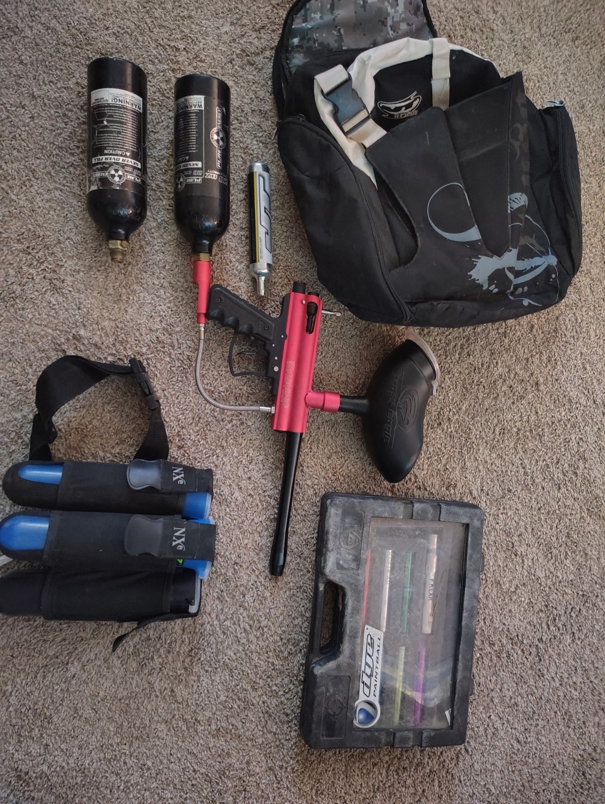 Paintball Gun, Barrel And Inserts, 3 Loaders And Belt, And Some C02 And Backpack