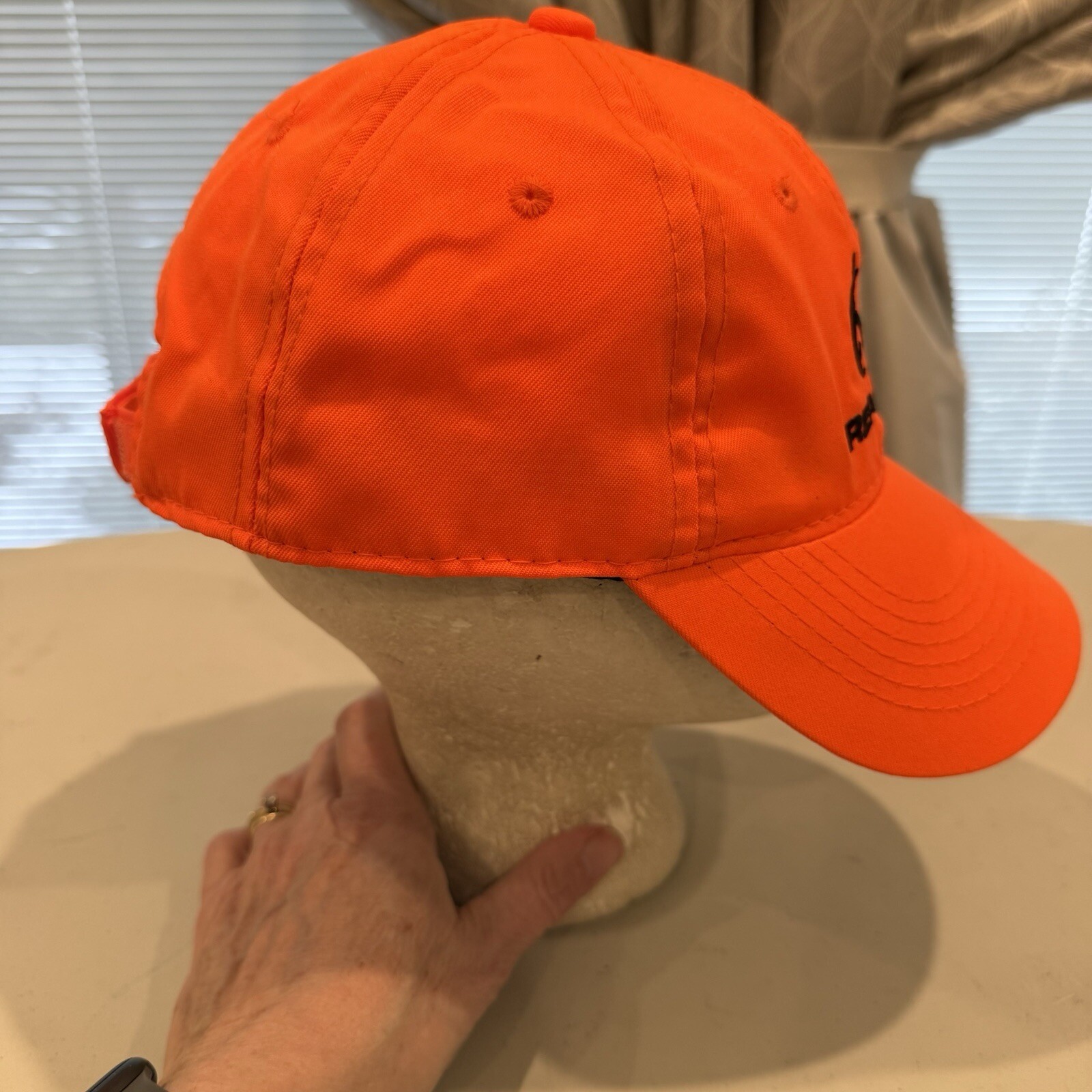 Real Tree Fluorescent Orange w Deer w Antlers in Black on Hat Cap Hook Loop EUC