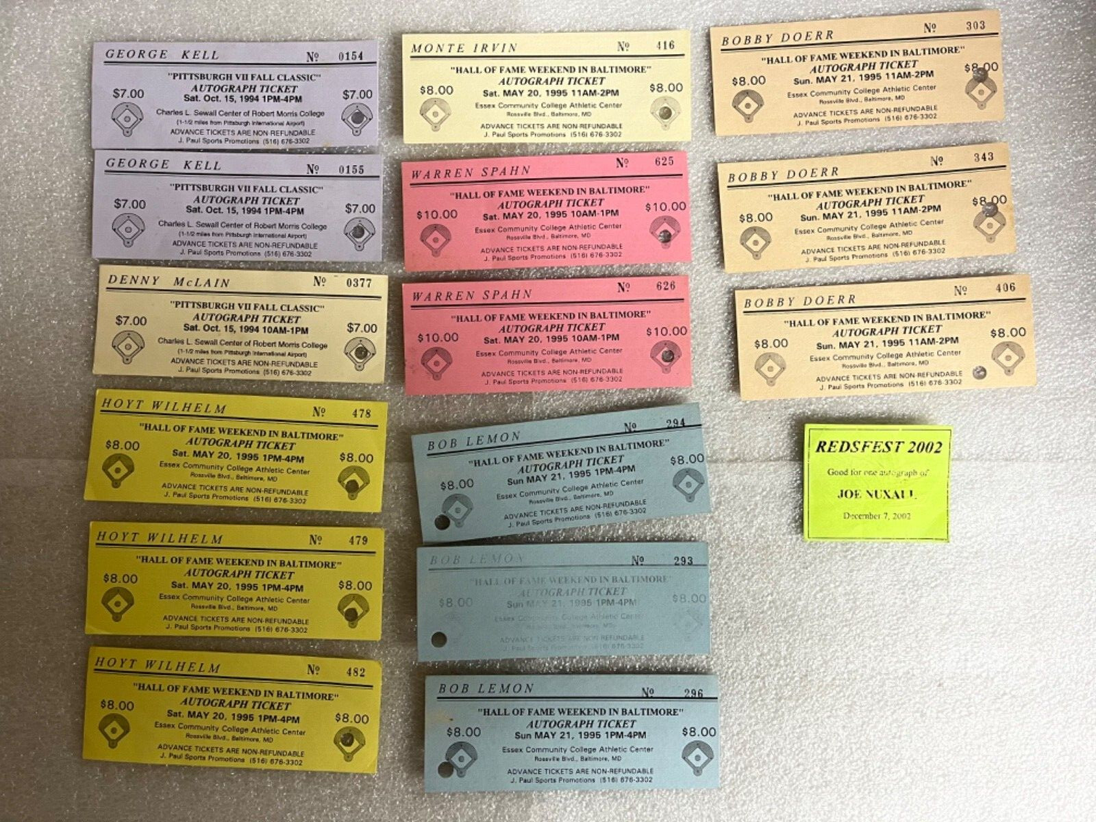 Lot of 16 Autograph Tickets baseball Doerr, Lemon, Kell, Spahn, Wilhelm, McLain