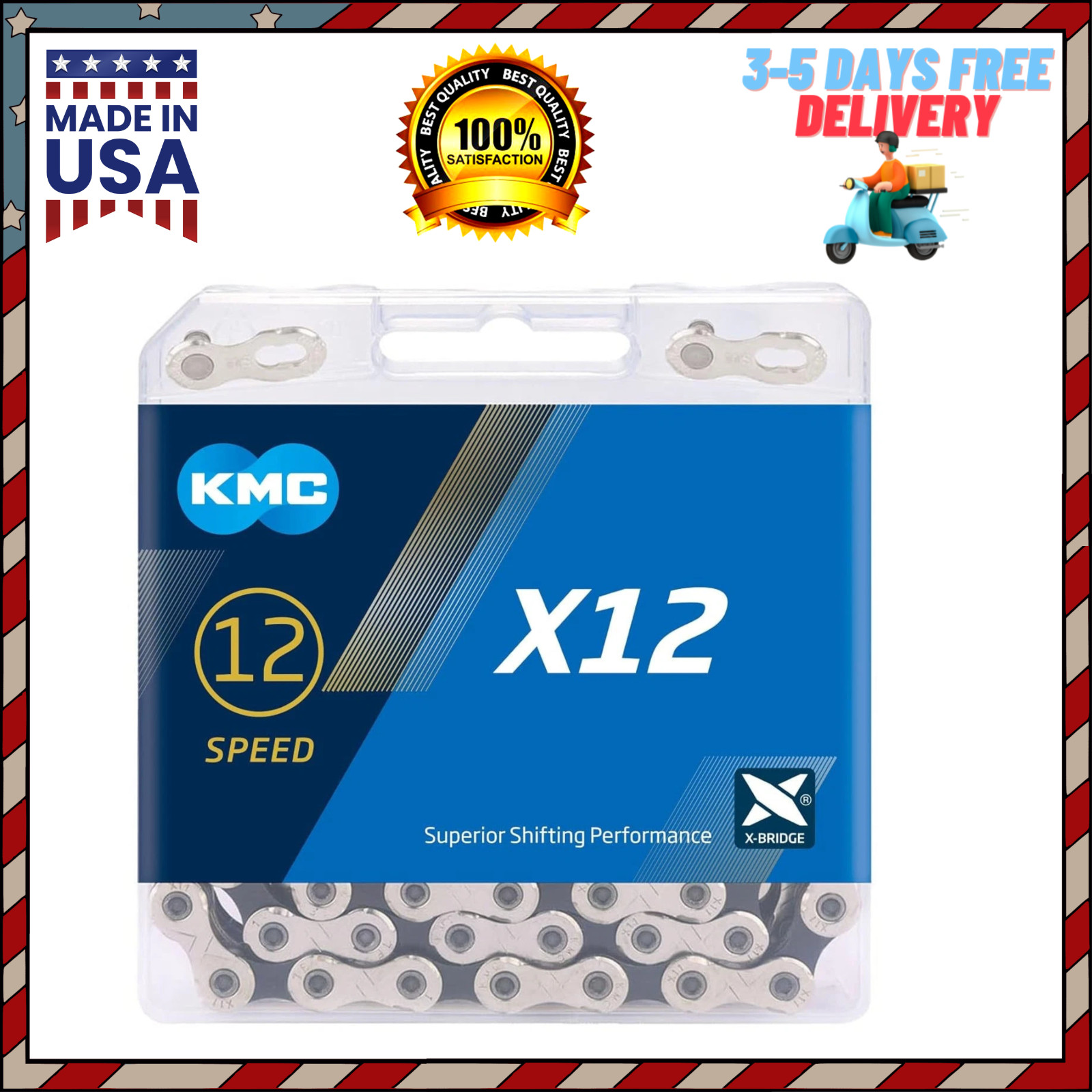 KMC X12 12-Speed 126 links X-Series Bicycle Chain Silver/Black Free Shipping