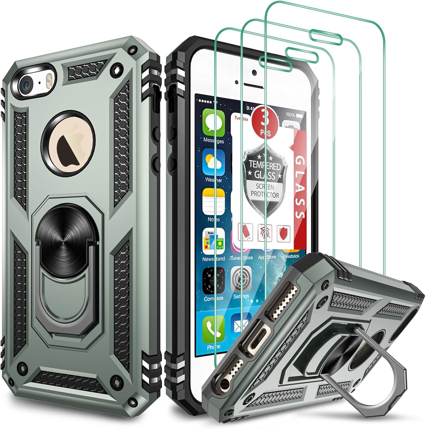 Case for iPhone SE (1st gen - 2016), Case for iPhone 5S with [3X Tempered Glass