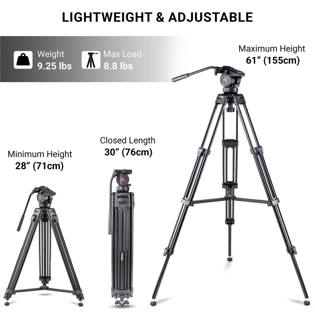 3Pod V3AH 3-Section Aluminum Video Tripod for Camera, Professional Camera Tripod
