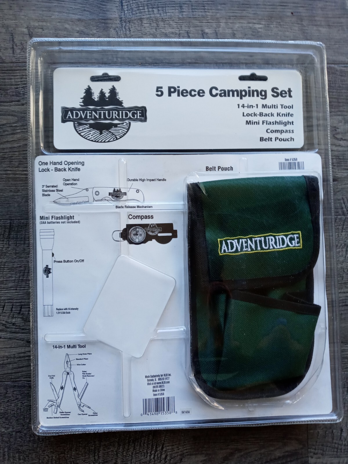 ADVENTURIDGE 5 Piece Camping Set: Multi Tool, Knife, Flashlight, Compass, Pouch
