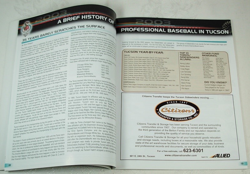 TUCSON SIDEWINDERS ARIZONA DIAMONDBACKS 2003 BASEBALL PROGRAM CHRIS CAPUANO