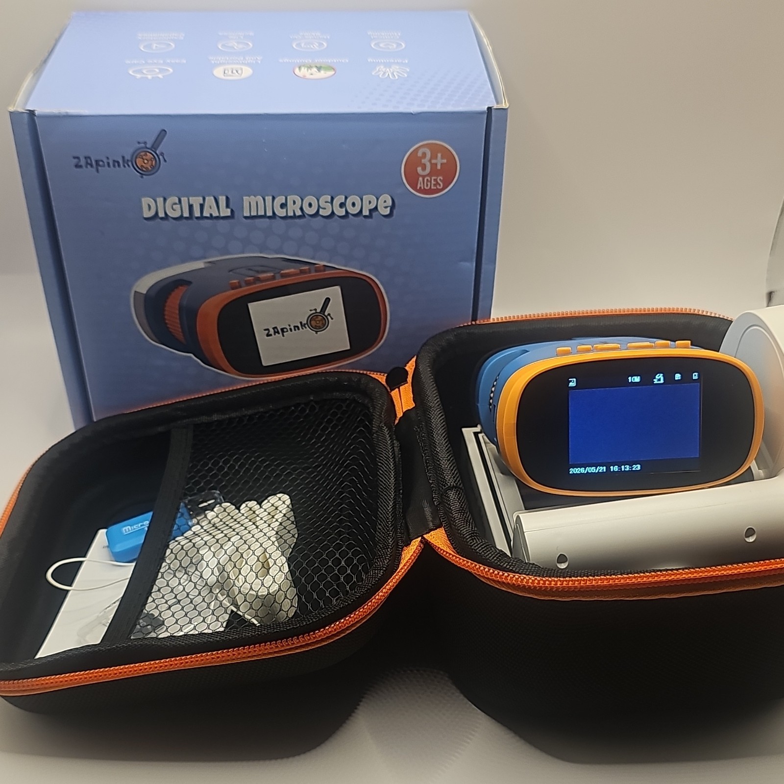 ZAPINKO Portable Digital Microscope for Kids, Blue, 2in Screen, Carry Case