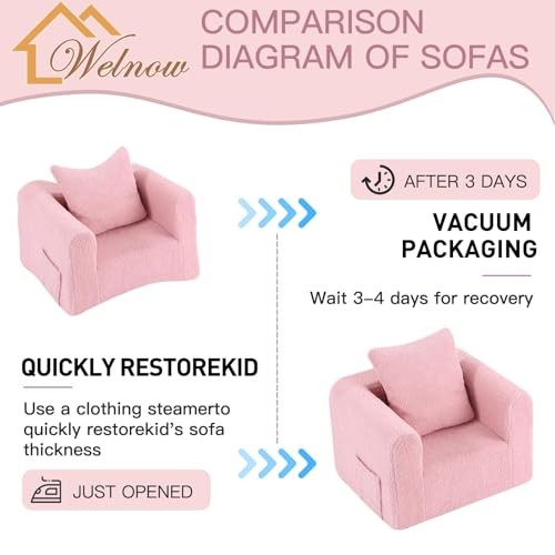 Kids Sofa with Pillow, Cozy Toddler Chair Soft Foam Seat for Sherpa Pink