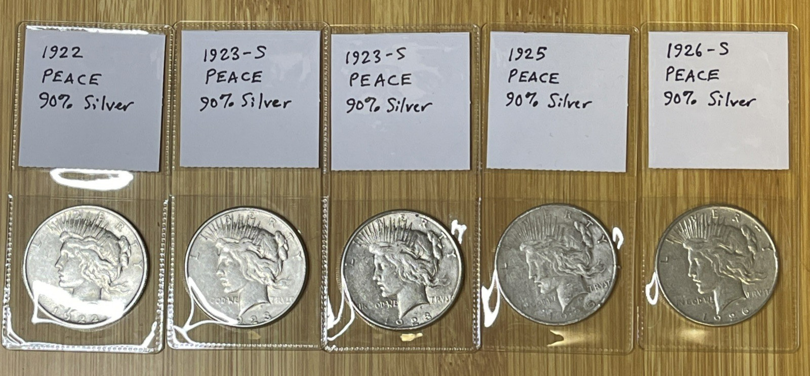 Lot of 5 VF Peace Silver Dollars - 90% silver - 1922, 1923-S (x2), 1925, 1926-S