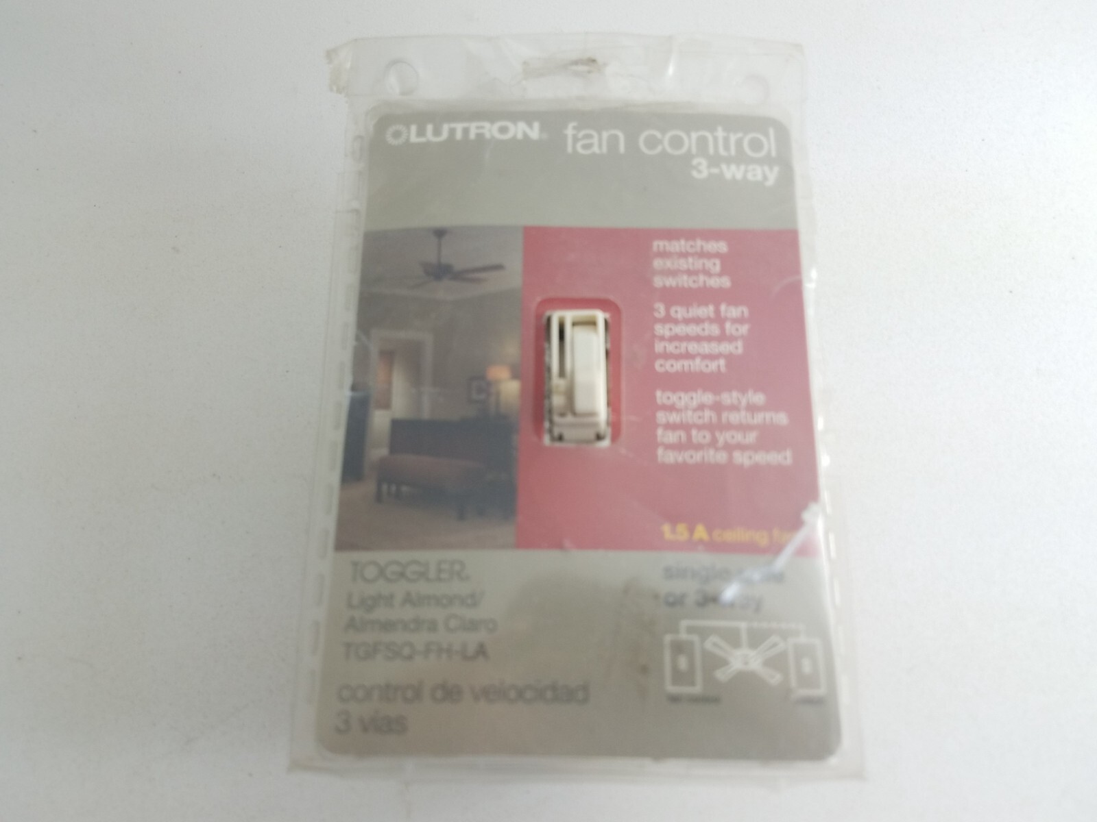 Lutron Fan Control 3 Way Toggler Light Almond TGFSQ-FH-LA Package Opened NOT ins