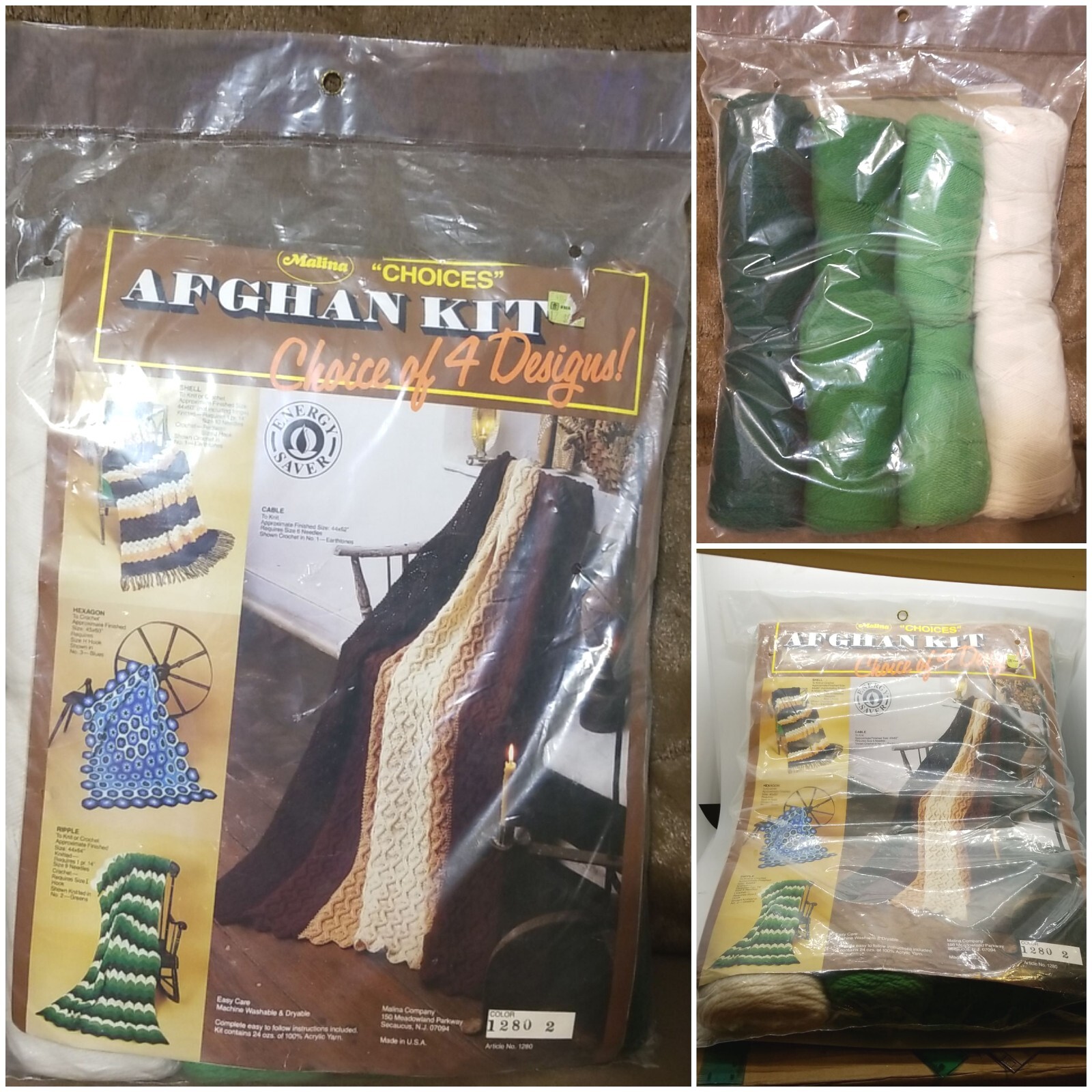 Malina Afghan Kit RIPPLE To Knit or Cro #1280 44 X 64” Finished Sz Green Wht Bla