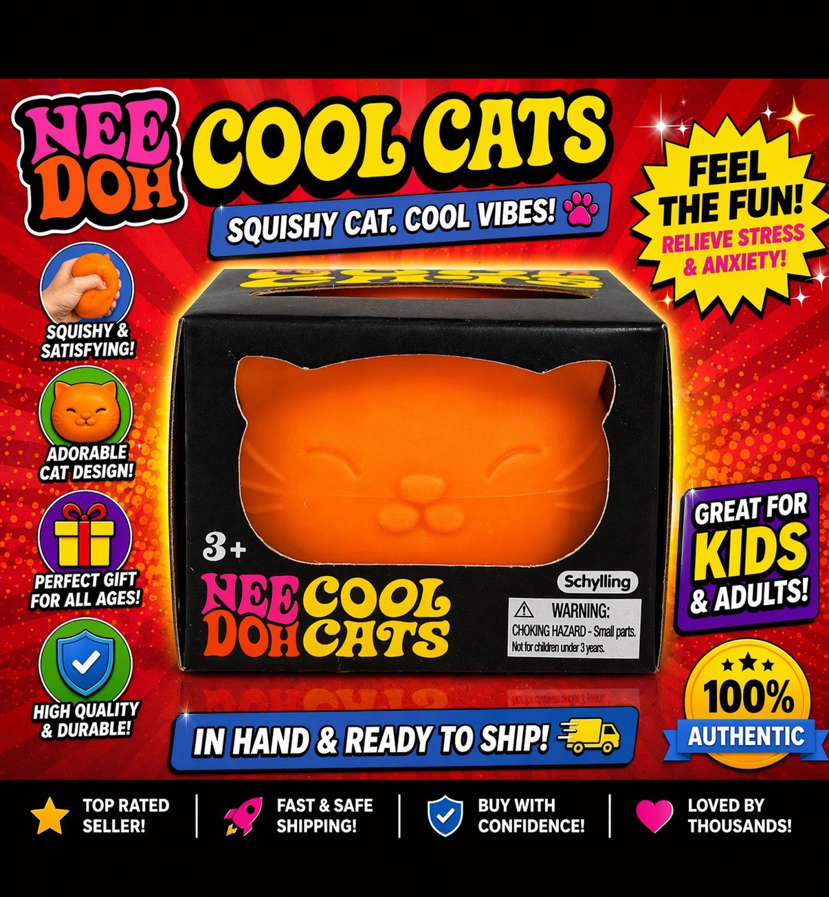 Nee Doh Needoh Cool Cat Kitten Orange Stress Relief Sensory Fidget Toy Squeeze