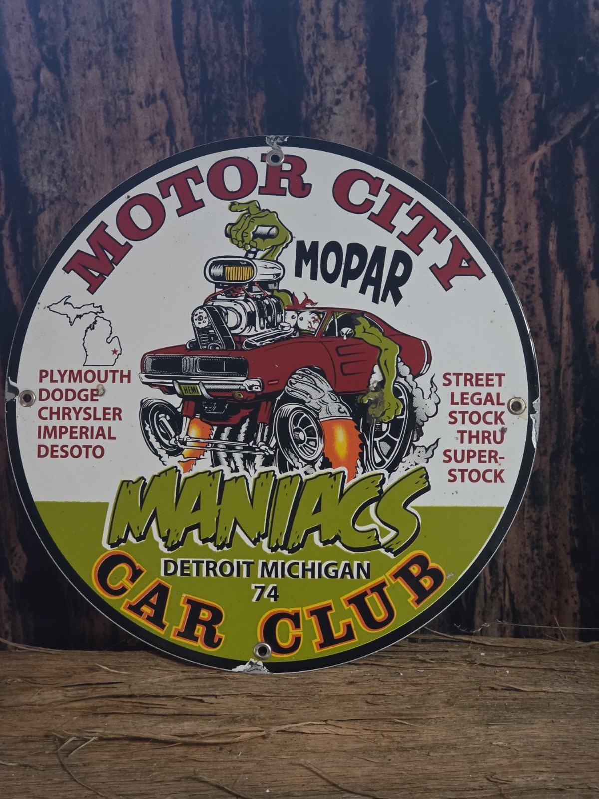 VINTAGE 1974 MOPAR MOTOR CITY CAR CLUB PORCELAIN DETROIT SIGN 12"
