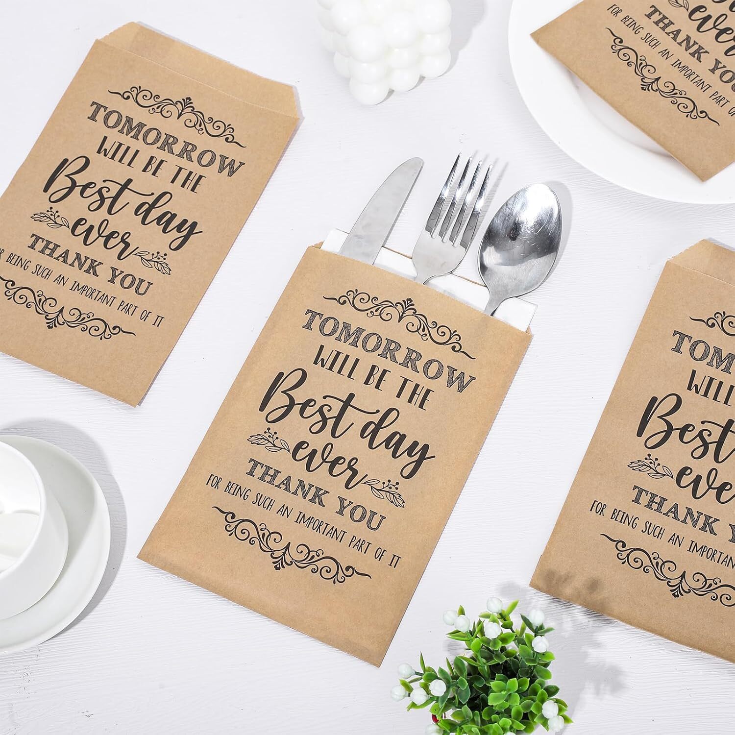Whaline 100Pcs Wedding Silverware Bags 5 x 7 Inch Rustic One Size, Brown