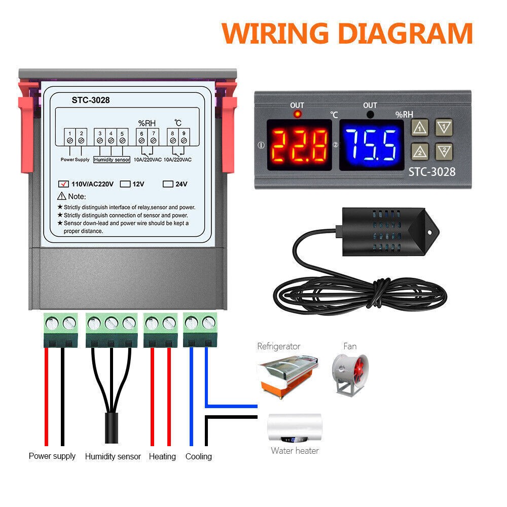 Digital STC-3028 AC 110-220V Dual LCD Temperature Humidity Controller Thermostat
