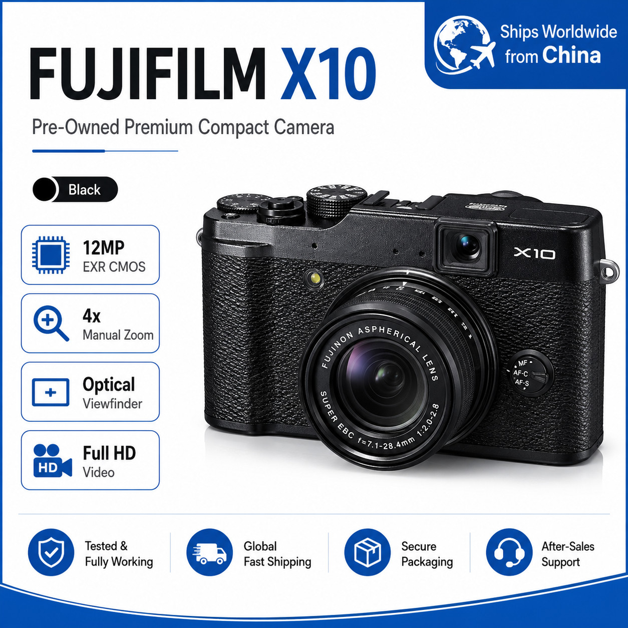 Fuji X10 Black 12MP Digital Camera Hot Shoe 460k LCD Used Travel Optical Zoom