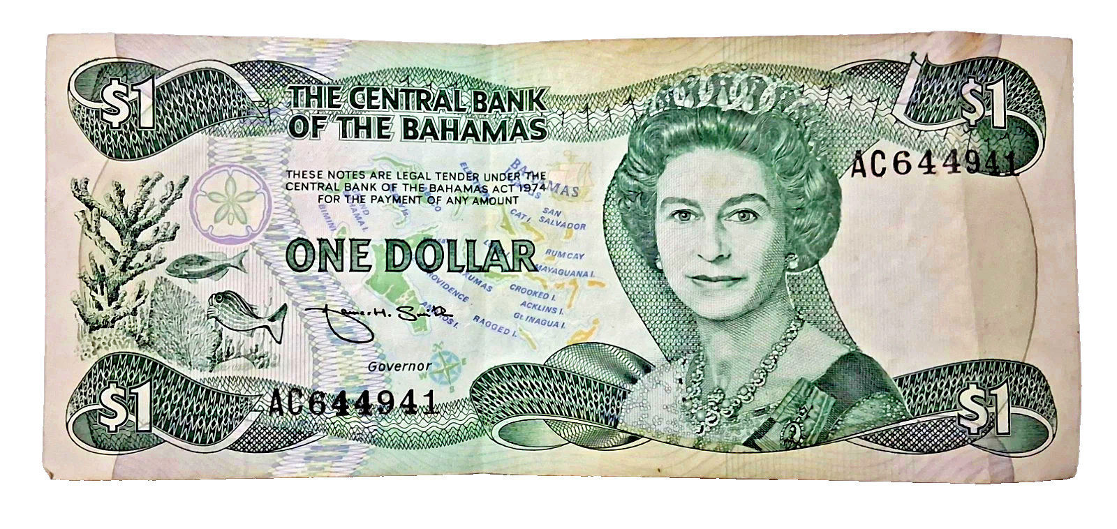 THE CENTRAL BANK OF THE BAHAMAS 1974 One Dollar Banknote- "Police Band"-15% Off