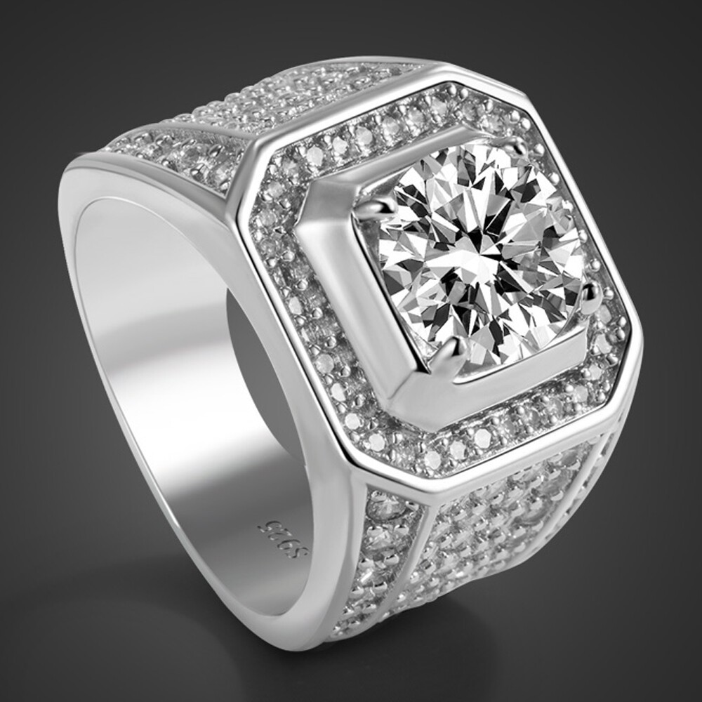 925 Sterling Silver Size 8-13 Clear Cubic Zirconia Ring Cluster Ring for Men