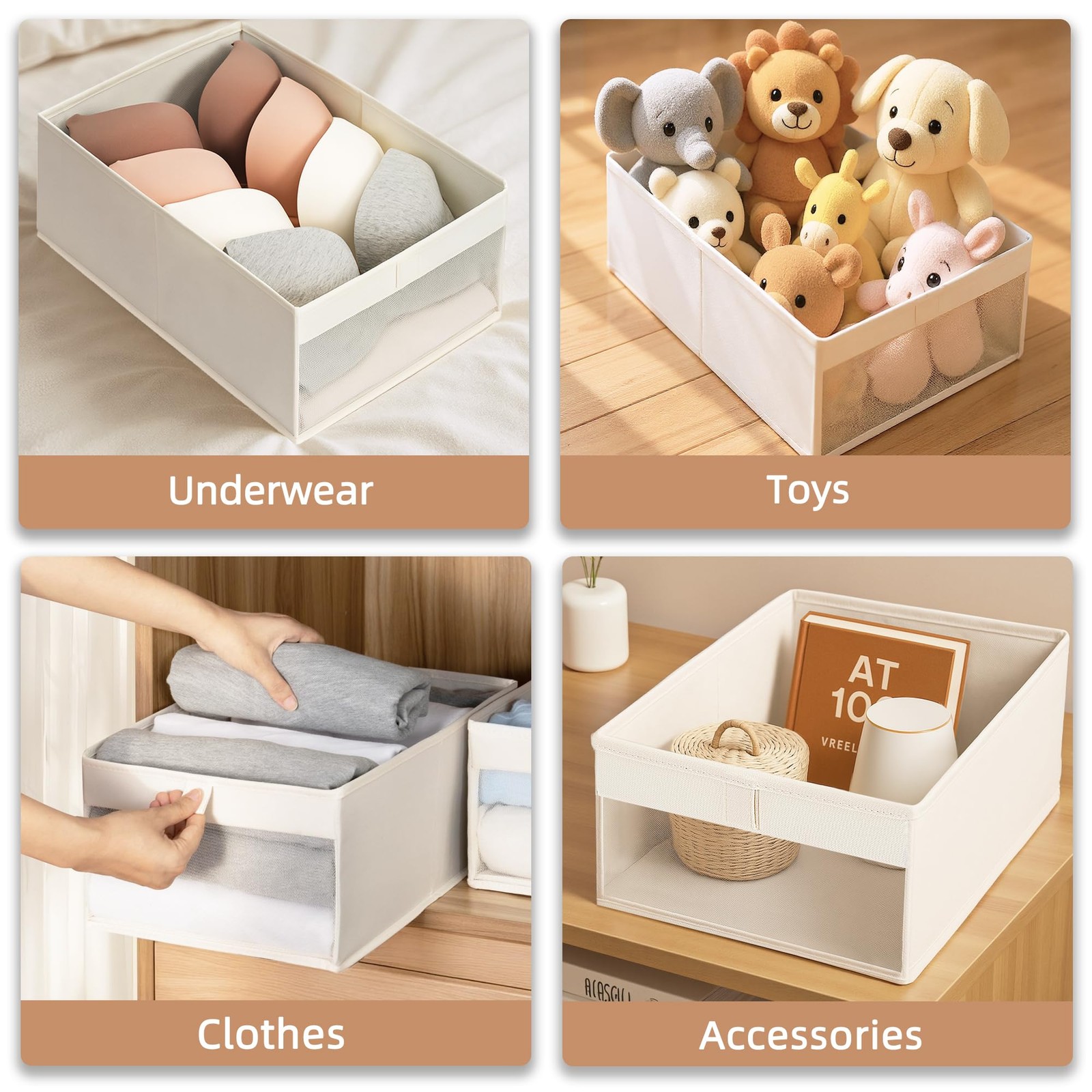 STORAGE MANIAC 4 Pack Storage Bins with Clear Window, 4 Pack, Beige