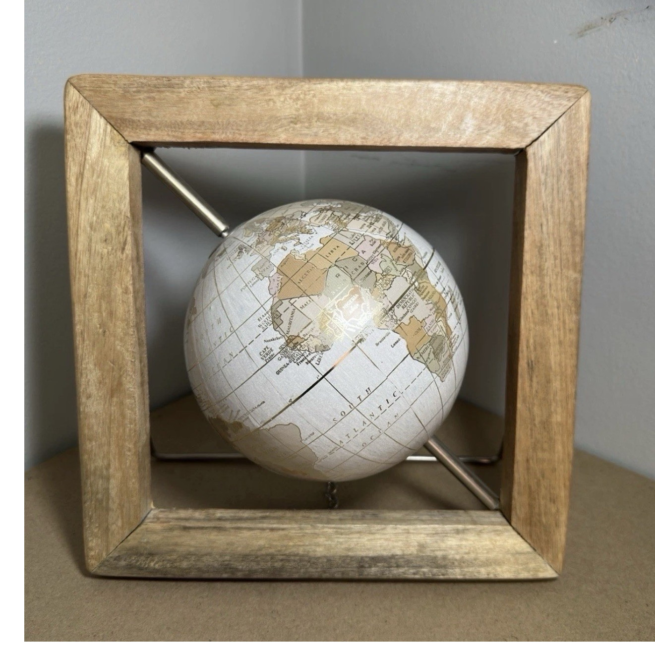 Decorative Tabletop Globe, Wooden Square Frame, Metal Stand, Neutral Colors