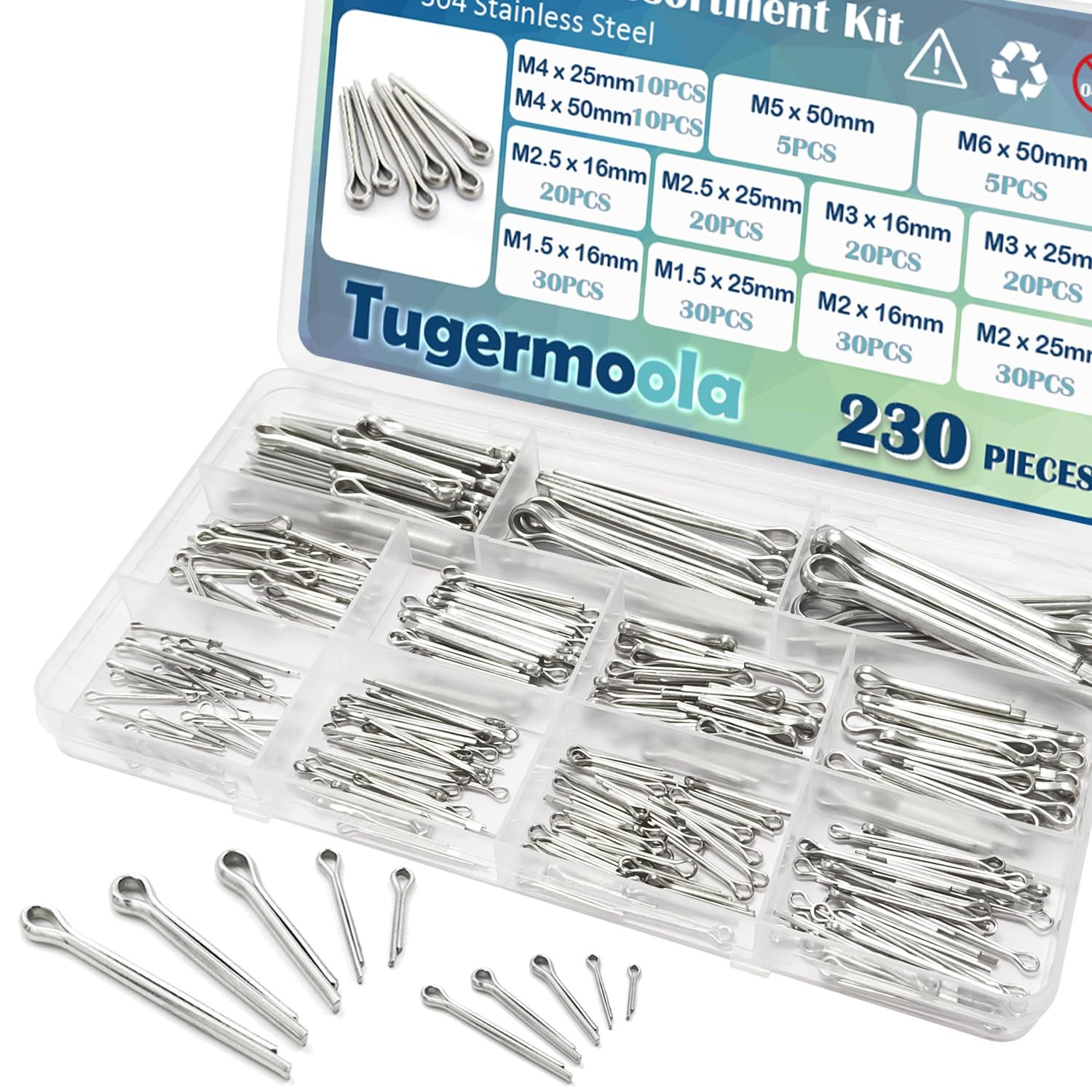 Tugermoola 230PCS 12 Sizes Cotter Pins Assortment Kit 304 12 Sizes, Silver