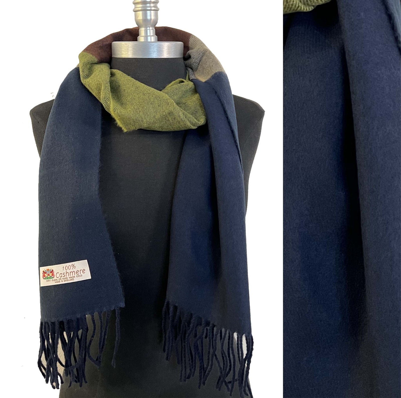 NEW 100% CASHMERE SCARF /WRAP MADE IN ENGLAND Color Navy/green/Brown/beige