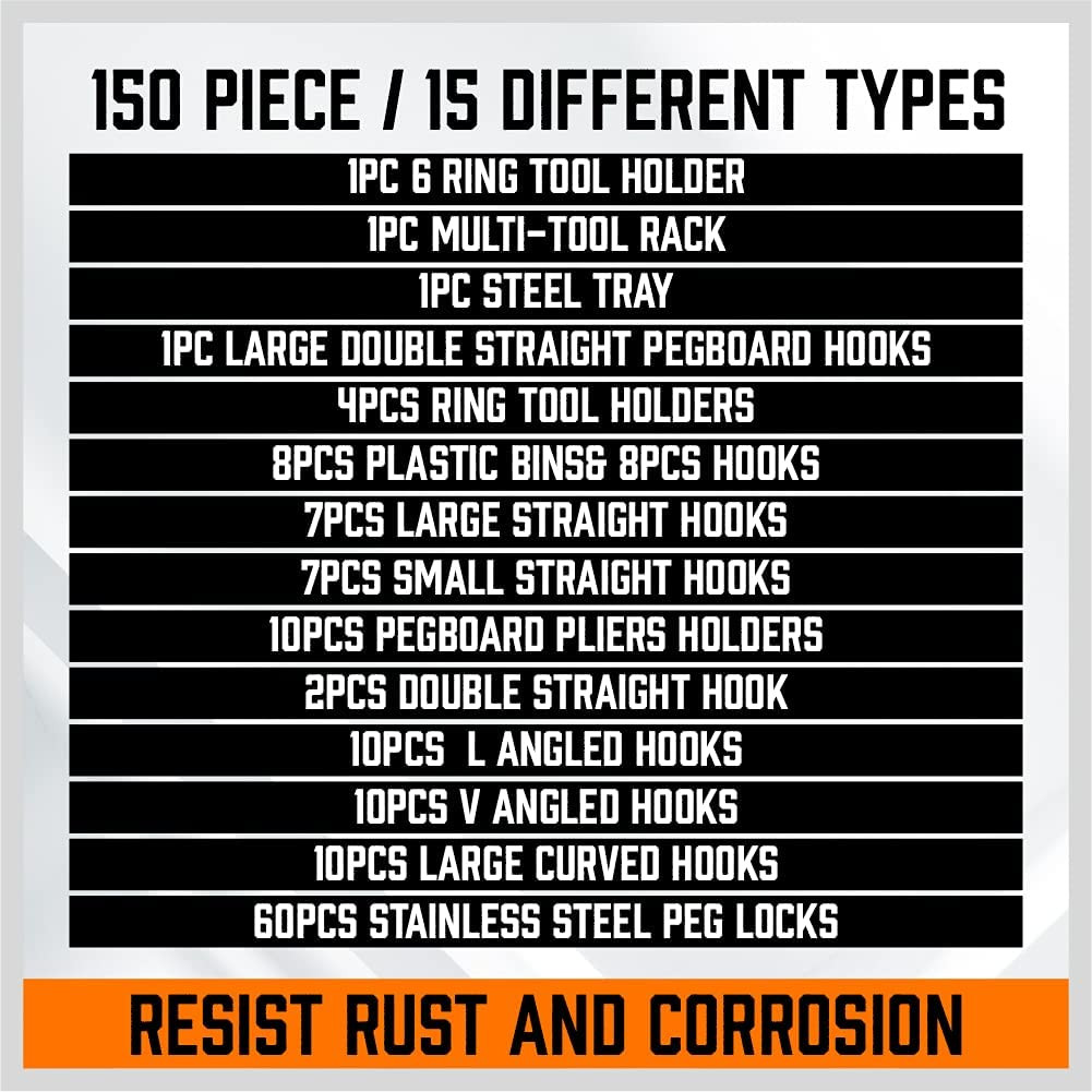 150-Piece Pegboard Hooks Assortment, Pegboard Accessories with Pegboard Bins for