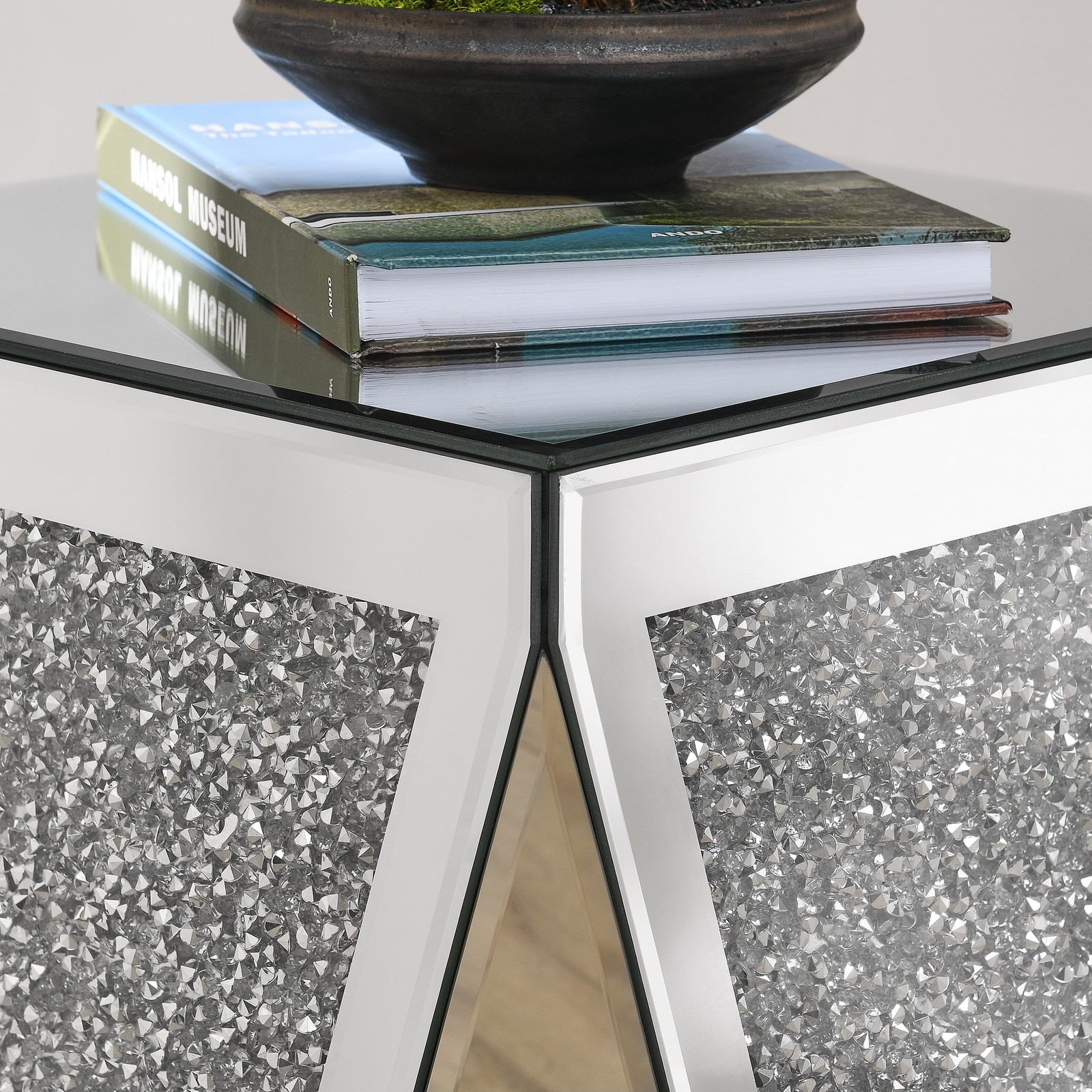Inverted triangular mirror square table, crystal diamond inlaid coffee table, si