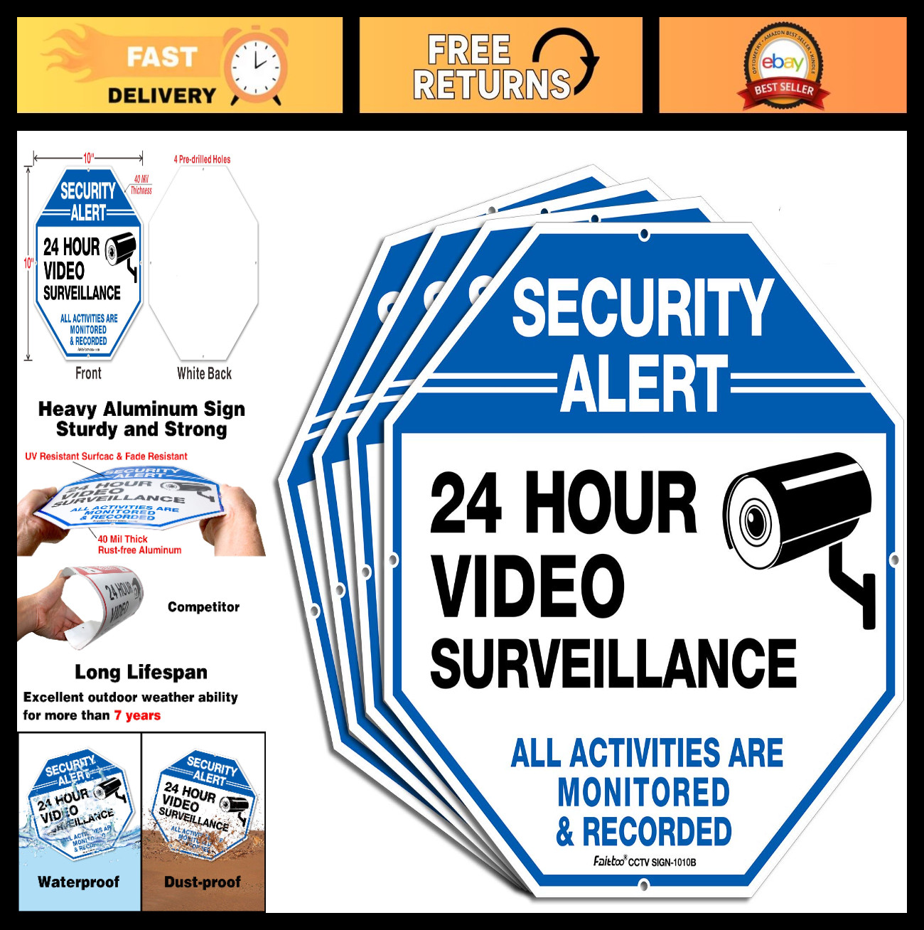 4 Pack Security Alert Signs - 24 Hour Video Surveillance, Reflective Aluminum, I