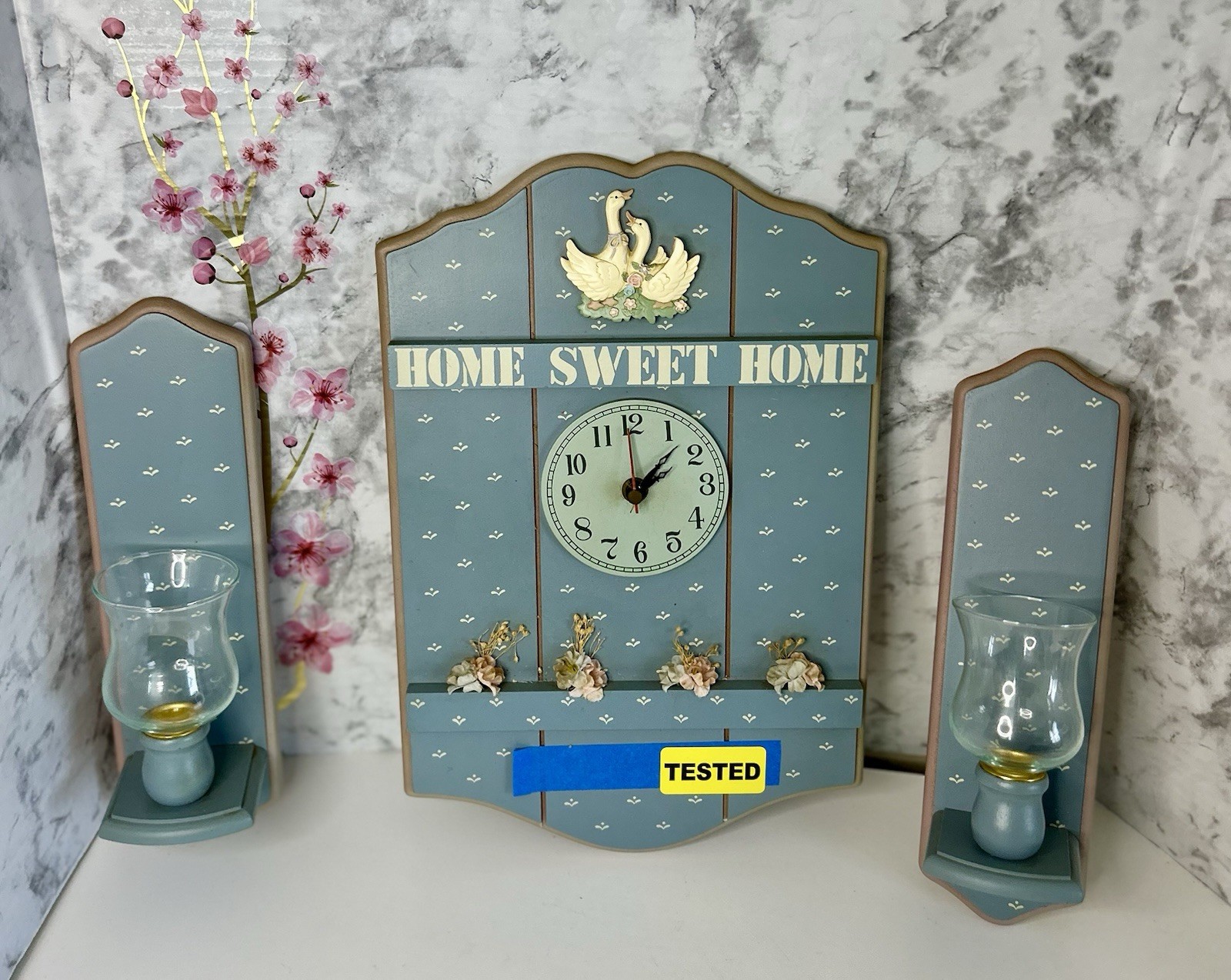 1993 Cottagecore House Of Lloyd Wooden Country Blue Goose Clock W/Sconces Works