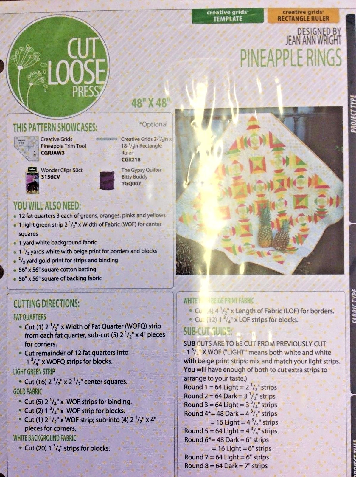 CUT LOOSE PRESS #CLPJAW035 PINEAPPLE RINGS QUILT PATTERN